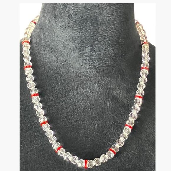 Handcrafted Necklace Clear Glass Beads and Ruby Colored Rhinestone Rondelles 20" - Picture 1 of 5